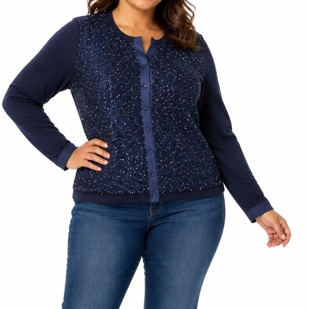 Elie Tahari Women Sequin Tweed Front Cardigan Merino Wool Office Large